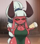  absurd_res apron apron_only big_breasts black_sclera blush breasts cleavage clothed clothing curvy_figure digital_media_(artwork) female green_apron hi_res horn horned_humanoid huge_breasts humanoid i_mean_breast_milk meme mossyartburger mostly_nude not_furry red_body shaded solo thick_thighs voluptuous wide_hips yellow_eyes 