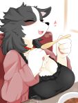  &lt;3 2021 3:4 4_fingers anthro big_breasts black_body black_clothing black_fur blush breast_rest breasts canid canine canis cleavage clothed clothing collar cute_expression cute_fangs cutlery daww domestic_dog eating eyes_closed female fingers food fur glass happy hi_res kemono kitchen_utensils mammal multicolored_body multicolored_fur neck_tuft open_mouth open_smile pink_clothing red_collar sitting smile snout solo soup spoon takeshi_kemo tools tuft two_tone_body two_tone_fur white_body white_fur 