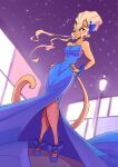  accessory anthro blonde_hair blue_eyes building clothed clothing conditional_dnp domestic_cat dress felid feline felis female fully_clothed fur hair hair_accessory hair_bow hair_ribbon high_heels jollyjack mammal night outside ribbons sky slit_dress solo star starry_sky street_lamp tan_body tan_fur 