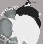  anthro big_butt black_clothing black_hair black_hoodie black_topwear blush bottomless bubble_butt butt clothed clothing doomer_(meme) doomer_bear fart fur grey_background hair hi_res hoodie huge_butt hyper hyper_butt male mammal megacoolbear_(artist) obese obese_anthro obese_male overweight overweight_anthro overweight_male simple_background solo thick_thighs topwear ursid white_body white_fur 