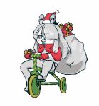  2d_animation animal_humanoid animated bag blush christmas christmas_clothing christmas_headwear clothed clothing facial_hair female fully_clothed gift gloves grey_clothing grey_ears grey_hair hair handwear hat headgear headwear holidays humanoid inner_ear_fluff lagomorph lagomorph_humanoid long_hair low_res mammal mammal_humanoid mustache santa_hat short_playtime simple_background solo tricycle tuft unknown_artist white_background white_body 