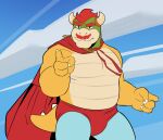  2021 anthro bottomwear bowser cape claws clothed clothing cloud cosplay day eyebrows facial_hair hair horn ixkouu jack_black koopa looking_at_viewer male mario_bros musclegut muscular muscular_anthro muscular_male mustache nacho_libre nintendo outside pants scalie sky solo spiked_tail spikes spikes_(anatomy) standing topless topless_male video_games 