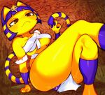  2021 ambiguous_penetration animal_crossing ankha_(animal_crossing) anthro blue_hair body_wraps breasts crossed_legs dildo dildo_sitting domestic_cat egyptian felid feline felis female frown hair half-closed_eyes hi_res hieroglyphics holding_tail mammal markings masturbation narrowed_eyes nintendo onae penetration reclining sex_toy solo striped_markings striped_tail stripes tail_markings under_boob video_games wraps yellow_body 