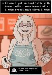  anthro apron apron_only areola areola_slip blush bodily_fluids bovid breasts caprine clothing container cup deltarune dessert digital_media_(artwork) english_text eyewear female food glasses goat hi_res i_mean_breast_milk ice lactating lactating_through_clothing mammal marker mature_female meme monster mostly_nude nipple_outline pasta pie soda_fountain solo spaghetti sweat sweatdrop terryeternity text text_box text_on_apron text_on_clothing toriel undertale undertale_(series) video_games wet wet_clothing 