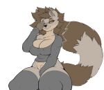  absurd_res anthro big_breasts bottomless breasts brown_body brown_fur brown_hair cleavage clothed clothing danonymous female fur hair hand_between_legs hi_res jesse_(ciderward) legs_together legwear long_sleeves mammal narrowed_eyes nipple_outline one_eye_closed partially_clothed procyonid raccoon rubbing_eye simple_background sitting solo thick_thighs thigh_highs 
