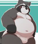  2021 96tning anthro belly black_nose blush bulge clothing fur grey_body grey_fur humanoid_hands kemono male mammal moobs navel overweight overweight_male procyonid raccoon simple_background solo underwear 