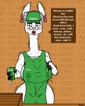  alpaca anthro apron apron_only avioylin barista big_breasts biped blush bodily_fluids breasts cafe camelid clothed clothing container cup dialogue digital_media_(artwork) ear_piercing ear_ring emoticon eyewear female glasses green_apron hat headgear headwear hooves i_mean_breast_milk lactating lactating_through_clothing long_neck looking_at_viewer mammal mature_anthro mature_female meme milk mommy_alpaca mostly_nude motion_lines nipple_outline open_mouth partially_clothed piercing polygonal_speech_bubble shaking shy solo speech_bubble sweat text text_background text_on_apron text_on_clothing text_on_hat text_on_headwear thick_thighs wet wet_clothing worker 