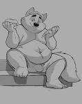  2021 anthro balls_outline belly bottomwear bulge burger canid canine clothing disney dj-rodney food fox genital_outline gideon_grey hi_res male mammal monochrome moobs navel overweight overweight_male penis_outline pizza shorts sitting solo zootopia 