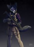  absurd_res abyssal_wolf angry anthro assault_rifle black_body black_fur bottomwear bulletproof_vest cargo_pants clothed clothing evvonic flannel fur gun hi_res horn magnae male mask pants plate_carrier purple_eyes ranged_weapon rifle skull_mask solo tactical_gear weapon xm8 