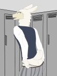  absurd_res alpaca anthro auroraki beastars butt camelid clothing fur hi_res looking_at_viewer looking_back male mammal presenting presenting_hindquarters solo tem_(beastars) undressing white_body white_fur 