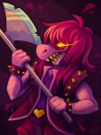  2018 anthro axe bottomwear bracelet clothing deltarune female glowing glowing_eyes hi_res jewelry lizard melee_weapon pants reptile scalie solo spiked_bracelet spikes splatterparrot susie_(deltarune) teeth topwear undertale_(series) vest video_games watermark weapon 