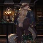  1:1 adios_(pixiv) anthro asian_mythology beard body_hair bulge casino chest_hair cigar clothing dragon east_asian_mythology eastern_dragon facial_hair gambling hi_res male motse musclegut muscular mythology smoking solo thick_tail underwear 