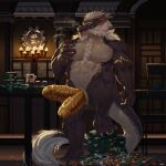  1:1 2_penises adios_(pixiv) anthro asian_mythology beard big_penis body_hair bulge casino chest_hair cigar clothing dragon east_asian_mythology eastern_dragon erection facial_hair gambling genitals hi_res male motse multi_genitalia multi_penis musclegut muscular mythology penis smoking solo thick_tail yellow_penis 