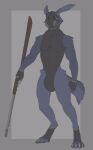  2021 ambiguous_species anthro athletic athletic_anthro athletic_male blue_body blue_fur bulge clothing digitigrade fur furdo gas_mask grey_background gun idrysse3 male mask ranged_weapon rifle simple_background skinsuit solo tight_clothing weapon 