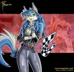  2004 5_fingers :3 anthro blue_eyes breasts canid canine canis checkered_flag cleavage clothed clothing digital_media_(artwork) dog_tags domestic_dog duo female fingers flag gloves green_eyes handwear looking_at_viewer magolobo male mammal solo_focus wallpaper 