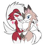  &lt;3 1:1 anthro anthro_on_anthro big_breasts blue_eyes bodily_fluids breast_squish breasts breasts_frottage brown_body brown_fur canid canine claws duo female female/female fur hand_holding lycanroc mammal midday_lycanroc midnight_lycanroc nintendo pok&eacute;mon pok&eacute;mon_(species) pok&eacute;morph red_body red_eyes red_fur red_sclera smile squish sweat teeth video_games white_body white_fur x-red 