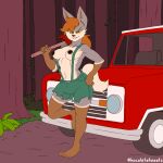  1:1 anthro axe bottomwear breasts canid canine canis clothed clothing duo female forest grass hair hand_on_hip hi_res hocolatemilk humanoid_pointy_ears lisa_(snivybatt) mammal melee_weapon nipples outside pinup plant ponytail pose shorts smile smirk solo suspenders topless torn_clothing tree truck weapon wide_hips wolf yellow_eyes 