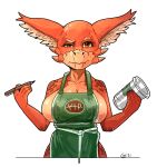  2021 anthro apron apron_only big_breasts bodily_fluids breasts brown_eyes captaincob clothing container cup digital_media_(artwork) eyebrows female green_apron huge_breasts i_mean_breast_milk inner_ear_fluff kobold lactating lactating_through_clothing looking_at_viewer meme mostly_nude non-mammal_breasts pen raised_eyebrow red_body red_scales scales shaded simple_background solo tan_body tan_scales tuft wet wet_clothing white_background 