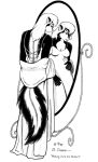  1999 anthro backless_dress bernard_doove breasts cleavage clothed clothing dress english_text female fur greyscale hair long_hair mammal mephitid mirror monochrome skunk solo text 