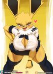  &lt;3 &lt;3_eyes anthro anthrofied big_breasts big_ears bottomwear breasts burgerkiss canid canine cleavage clothed clothing conditional_dnp digital_media_(artwork) doge eeveelution female fur hi_res huge_breasts jolteon legwear looking_at_viewer mammal meme miniskirt nintendo open_clothing open_mouth open_shirt open_topwear phone plaster pok&eacute;mon pok&eacute;mon_(species) pok&eacute;morph school_uniform shaded shirt skirt solo thick_thighs thigh_highs topwear unbuttoned uniform video_games yellow_body yellow_fur 