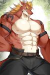  2021 2:3 abs absurd_res anthro biceps bottomwear chung0_0 clothed clothing delga dragon green_eyes hi_res horn male multicolored_body multicolored_scales muscular muscular_anthro muscular_male nipples pants pecs red_body red_scales scales solo teeth topless two_tone_body two_tone_scales 