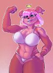  absurd_res anthro beverage big_breasts bimbo_lip bimbofication breasts clothed clothing digital_drawing_(artwork) digital_media_(artwork) dominant ear_piercing ear_ring energy_drink female hair hi_res huge_breasts intelligence_loss lips lipstick looking_at_viewer makeup mammal monster_energy muscular muscular_female piercing pink_body pink_hair simple_background smile solo thick_thighs underwear ursid white_clothing white_underwear zypett 