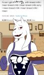  anthro apron apron_only big_breasts bovid breasts caprine clothed clothing digital_media_(artwork) english_text ereptile_art female fur goat horn i_mean_breast_milk long_ears mammal mature_anthro mature_female meme mostly_nude red_eyes slightly_chubby smile smirk solo text toriel undertale undertale_(series) video_games white_body white_fur 