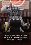  2021 alcohol anthro apron apron_only bar beer beverage big_breasts blue_hair blush bottle breasts chest_tuft clothing container cup dialogue digital_media_(artwork) ear_piercing english_text evelynn_(stargazer) eyebrows eyelashes facial_piercing felid female fur green_eyes hair hi_res holding_cup holding_object i_mean_breast_milk inside looking_at_viewer mammal meme mostly_nude nose_piercing open_mouth pantherine piercing shaded snow_leopard solo spots spotted_body spotted_fur stargazer talking_to_viewer text tuft 