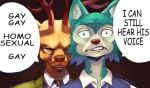  2021 anthro antlers beastars brown_eyes canid canine canis cervid cheek_tuft clothed clothing comic_sans dialogue duo english_text facial_tuft horn humor i_can_still_hear_his_voice legoshi_(beastars) louis_(beastars) male mammal meme necktie opal_antlers open_mouth signature simple_background speech_bubble text tuft wolf 