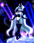  2021 4:5 anthro bludraconoid boots canid canine clothed clothing fake_ears fake_rabbit_ears female footwear group hi_res mammal multi_tail nightclub playboy_bunny skimpy stage weiss_(character) 