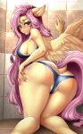  2021 5_fingers absurd_res anthro anxiety-chan areola blush butt cutie_mark digital_media_(artwork) equid equine eyebrows eyelashes female fingers fluttershy_(mlp) friendship_is_magic hasbro hi_res looking_back mammal my_little_pony pegasus rear_view solo wet wet_body wings 