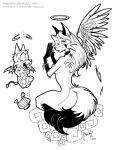  2010 angel angie_(magolobo) anthro black_and_white breasts canid canine demon duo feathered_wings feathers female fluffy fluffy_tail fox looking_at_viewer magolobo mammal membrane_(anatomy) membranous_wings monochrome side_boob simple_background white_background wings 