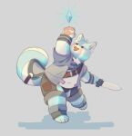  2021 absurd_res ailurid anthro belly black_nose blue_body blue_fur blush clothing dogseden fur hi_res kemono male mammal navel paws red_panda simple_background slightly_chubby solo underwear weapon 