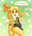  animal_crossing anthro big_breasts big_butt blonde_hair bottomwear breasts butt canid canine canis clothed clothing daredemon7000 domestic_dog female hair hi_res isabelle_(animal_crossing) mammal nintendo no_underwear paper pencil_skirt shih_tzu skirt solo toy_dog video_games 