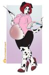  anthro belly big_belly black_spots book bottomwear canid canine canis clothing colored_nails dalmatian domestic_dog female fur hair hi_res high_heels lavenderpandy mammal nails navel outie_navel pants pregnant purple_eyes red_hair sammie_(spyingredfox) shirt solo spots spotted_body spotted_fur teacher topwear unbuttoned white_body white_fur 