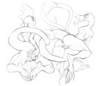  anthro anus bent_over butt butt_grab duo entwined_tails feet female genitals guoh hand_on_butt inteleon kneeling looking_at_viewer looking_back looking_back_at_viewer monochrome nintendo pok&eacute;mon pok&eacute;mon_(species) presenting presenting_hindquarters pussy rear_view salazzle scalie sketch smile soles spread_butt spreading tail_coil toes tongue tongue_out video_games 