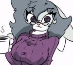  animated anthro beverage big_breasts blinking breasts bust_portrait clothing coffee_cup container cup disney ears_back eyewear female glasses grey_hair hair holding_beverage holding_object lagomorph leporid looking_at_viewer low_res mammal multicolored_body pace-maker pivoted_ears portrait purple_eyes rabbit short_playtime simple_background solo sweater topwear two_tone_body violet_hopps zootopia 