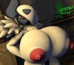  3d_(artwork) anthro anthrofied big_breasts big_nipples breasts clothed clothing digital_media_(artwork) female fur huge_breasts kennythebobcat_(artist) looking_at_viewer mega_absol mega_evolution mostly_nude nintendo nipples nude phobos_(kennythebobcat) pok&eacute;mon pok&eacute;mon_(species) pok&eacute;morph red_eyes solo source_filmmaker video_games white_body white_fur wings 