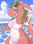  3:4 anthro bikini breasts camel_toe claws clothing daaon_dragon dragon female hi_res puzzle_and_dragons red_body red_sky_fruit_strawberry_dragon seaside solo swimwear toe_claws video_games white_body wings 