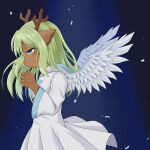  1:1 anthro antlers blonde_hair blue_eyes blush brown_body brown_fur capreoline cervid cervine clothed clothing coral_sky0826 deltarune feathered_wings feathers female fur hair hands_clasped hi_res horn loose_hair mammal noelle_holiday reindeer robe spread_wings undertale_(series) video_games wings 