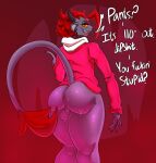  anthro backsack balls big_butt bodily_fluids bottomless butt clothed clothing demon dialogue genitals hair hell hi_res hoodie horn imp looking_at_viewer male red_hair saaxon solo sweat talking_to_viewer topwear 