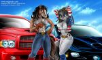  2006 anthro blue_sky bottomwear brown_eyes car clothing day denim denim_clothing detailed_background digital_media_(artwork) dodge_(brand) domestic_cat duo equid equine felid feline felis female gloves handwear horse jeans light_truck magolobo mammal pants pickup_truck pontiac pontiac_firebird pose ram_trucks sky tight_clothing truck_(vehicle) vehicle 