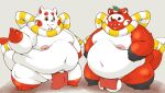  2020_tokyo_olympics 2021 anthro asian_clothing ball_camel_toe balls belly big_belly black_nose bulge canid canine clothing duo east_asian_clothing fox fundoshi genitals hamatnk japanese_clothing kemono leaf male mammal mascot moobs navel nipples obese obese_anthro obese_male olympics overweight overweight_anthro overweight_male raccoon_dog red_body red_clothing red_fundoshi red_underwear tanuki underwear white_balls white_body 