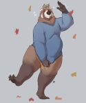  ailurid anthro blush bottomless bulge clothed clothing clothing_pull covering covering_crotch feet gesture hi_res hybrid leaf male mammal minedoo minedoo_(character) overweight overweight_male pawpads raised_foot red_panda smile solo sweater thick_thighs topwear topwear_only topwear_pull tuft ursid waving 