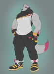  accessory alternate_species anthro black_bottomwear black_clothing black_pants bottomwear canid canine clothed clothing drift_(fortnite) epic_games footwear fortnite fox fully_clothed fur furrification garter gloves grey_body grey_fur grey_hair hair hand_on_hip handwear hi_res male mammal neck_garter neotorakuma pants pink_body pink_fur pink_inner_ear shirt shoes simple_background sleeveless_shirt sleeveless_topwear sneakers solo standing topwear vest video_games 