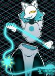  2021 abstract_background anthro blue_hair clothed clothing deltarune felid female flail floating_hands glowing glowing_weapon hair holding_object holding_weapon imposterpuss machine mammal melee_weapon open_mouth open_smile robot smile solo tasque_manager text undertale_(series) video_games weapon yellow_eyes 