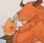  12tails bison blush bovid bovine chameleon chest_tuft clothed clothing duo fur girl_staring_at_man&#039;s_chest hi_res horn lizard looking_at_another looking_at_muscles male male/male mammal meme muscular nyacoii orange_body orange_fur orange_skin pecs reptile scalie tuft video_games 