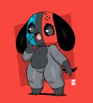  2021 ambiguous_gender animate_inanimate anthro canid eyelashes hand_on_cheek hi_res joaoppereiraus mammal nintendo nintendo_switch open_mouth open_smile red_background short_stack signature simple_background smile solo standing switch_dog switchy_(joaoppereiraus) thick_thighs video_games 