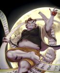  2021 absurd_res anthro band-aid bandage belly blue_eyes bottomwear clothing felid fur guadr hi_res humanoid_hands kemono licho_(tas) lifewonders male mammal moon navel overweight overweight_male pantherine shirt shorts solo tiger tokyo_afterschool_summoners topwear video_games white_body white_fur 