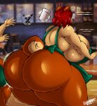  2021 absurd_res anthro apron apron_only big_breasts big_butt breasts butt canid canine canis clothing digital_media_(artwork) domestic_dog duo female green_apron hair hi_res hip_check huge_breasts huge_butt i_mean_breast_milk mama_maria mammal meme mostly_nude red_hair shaded superia superix 